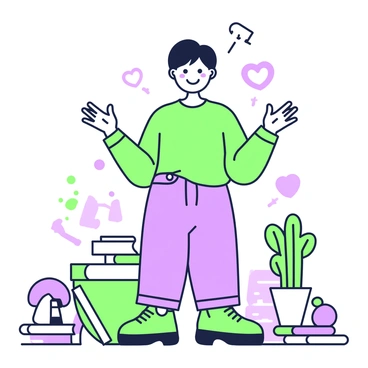 A friendly character stands with an inviting posture, wearing a bright shirt and comfortable pants. They have a warm smile that conveys approachability, with their hands open and palms facing slightly upward as if presenting an offer. The character has short hair and expressive eyes that radiate kindness. In the background, there are various helpful tools and resources, such as a stack of books and a small plant, creating an atmosphere of support and readiness to assist.