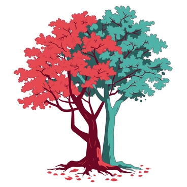 A red tree with a thick trunk stands on the left, its branches reaching out wide and tangled with a teal tree on the right, which has a slender, elegant trunk. The branches of both trees intertwine, creating a complex network, symbolizing the connection between different viewpoints. Each tree has vibrant leaves, with the red tree displaying deep crimson foliage while the teal tree showcases rich turquoise leaves. The ground is covered in fallen leaves from both trees, mixing shades of red and teal, further representing the blending of counterarguments.