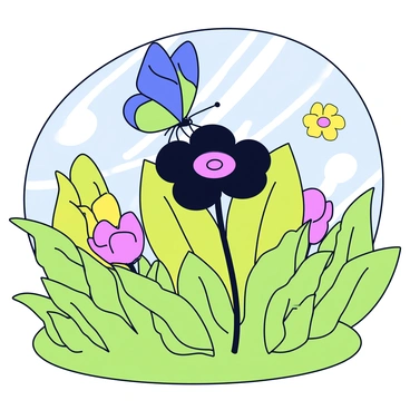 A butterfly with vibrant blue and green wings is gently landing on a black flower with velvety petals. The flower stands tall among bright green foliage in a sunlit garden. Rays of sunlight filter through the leaves, creating dappled light patterns on the ground. In the background, there are blurred hints of other colorful flowers and greenery, enhancing the tranquil garden atmosphere.