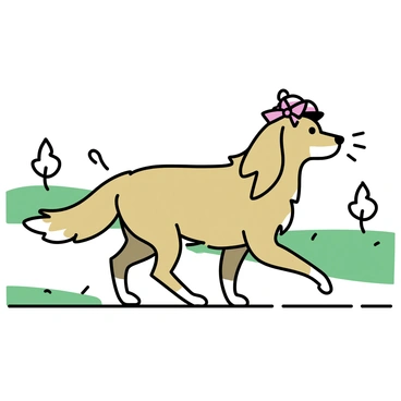 A borzoi dog with long, elegant fur is walking gracefully along a path in a park. It is wearing a stylish, decorative hat adorned with a ribbon. The park is filled with green grass and a few scattered trees in the background. The sunlight casts soft shadows on the ground as the borzoi moves confidently, its tail held high.
