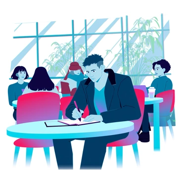 An undercover agent sitting at a small round table in a bustling café. The agent has short cropped hair and is wearing a dark blazer over a casual shirt. He is intently focused on writing in a sleek, futuristic notebook with a stylus. Around him, diverse patrons are engaged in conversations, with some using laptops and others enjoying their drinks. The café has large windows, allowing sunlight to illuminate the scene, and plants are placed strategically around the interior. The agent glances around discreetly, ensuring no one is observing him.