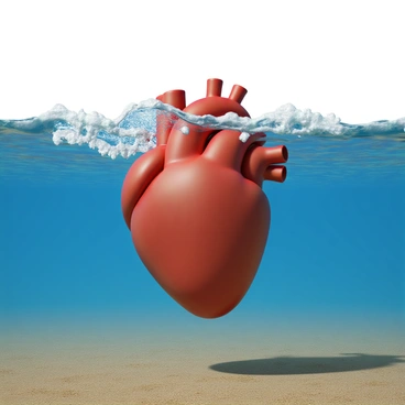 A realistic human heart, anatomically accurate and vibrant red in color, is partially submerged in a clear blue ocean. Surrounding the heart, curling ocean waves rise and fall, capturing sunlight that creates shimmering reflections on the surface. The waves have varying shades of blue and white, highlighting their frothy tips as they break. Beneath the surface, the sandy ocean floor is visible, adding depth to the scene.
