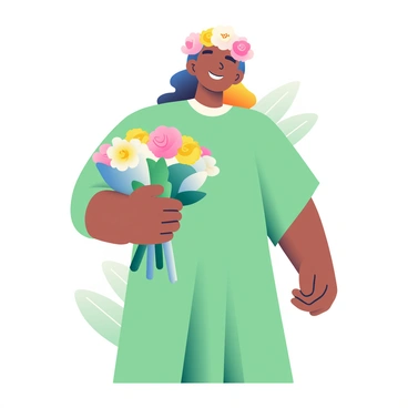A person with medium skin is standing confidently. Their head is adorned with a crown made entirely out of blooming flowers in various colors, including pinks, yellows, and whites. The flowers are intricately woven together, creating a vibrant and lively appearance. The person is wearing a flowing green tunic that contrasts beautifully with the colorful crown. Their long hair cascades down their shoulders, partially tucked behind their ears. In one hand, they are gently holding a bouquet of similar flowers, and in the background, a soft blur of greenery creates a natural setting.