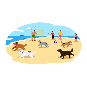A sandy beach scene featuring several dogs of different breeds energetically chasing a colorful volleyball. Each dog displays excitement, with their ears flopping and tails wagging as they sprint across the sand. In the background, two owners are engaged in a game of beach volleyball, laughing and tossing the ball back and forth. The sun shines brightly in the sky, casting shadows on the beach, and gentle waves can be seen lapping at the shore. The vibrant colors of the dogs and volleyball stand out against the light beige of the sand.
