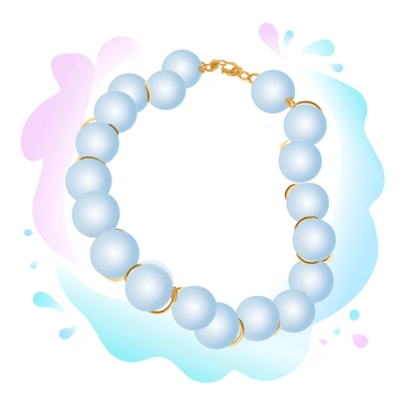 A pearl necklace is displayed elegantly on a textured surface. The necklace features perfectly round pearls with a glossy finish, arranged in a symmetrical pattern. Each pearl is connected by delicate gold links that enhance its luxurious appearance. The background consists of soft gradient pastel colors, blending seamlessly from pink to teal, creating a gentle and harmonious atmosphere. Subtle geometric shapes are present in the backdrop, reinforcing the art deco theme without overpowering the focal point of the necklace.
