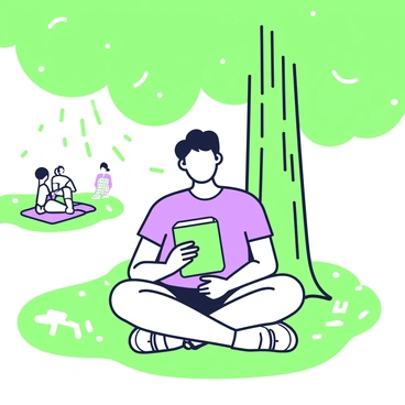A person sitting cross-legged on the grass under a large tree in a park. They are holding a book with an eye-catching cover, which is open in their lap. The person's hair is styled in a casual manner, and they are wearing a comfortable outfit comprising a t-shirt and shorts. Sunlight filters through the leaves of the tree, creating a dappled pattern on the ground around them. In the background, there are a few scattered picnic blankets and people enjoying the day.