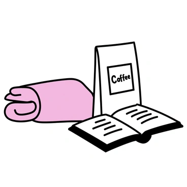 A coffee bag with a simplistic label featuring the word "Coffee" in bold letters is placed next to a folded soft blanket in a muted color. An open book with crisp pages lies on top of the blanket, displaying a few lines of text. The arrangement creates a sense of comfort and warmth in the scene.