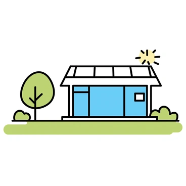 A modern eco-friendly house with large glass windows and a flat roof. The house features sleek lines and a minimalist design, blending seamlessly with its surroundings. Solar panels are installed on the roof, reflecting sunlight. In front of the house, there is a lush green lawn, well-manicured and vibrant. Small trees and shrubs are strategically placed around the yard, adding to the eco-friendly atmosphere.