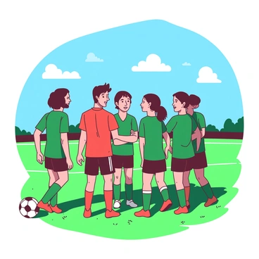 A group of players from a soccer team is huddled together on a green field, with Ted standing in the center. Ted is wearing a bright red jersey and has a focused expression on his face as he talks to his teammates. The players surrounding him are dressed in matching green jerseys, showing enthusiasm and engagement. The sun is shining brightly above, casting clear shadows on the grass, and there are a few white clouds in the blue sky. The field is bordered by a white boundary line, and a soccer ball is visible nearby, hinting at the game that is about to take place.