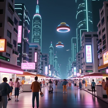 A bustling futuristic metropolis at night, featuring towering skyscrapers with intricate designs. The buildings are adorned with various "neon lights" in colors like pink, blue, and green, creating a vibrant glow. The streets are crowded with people wearing modern clothing, some holding "glowing gadgets." Hover vehicles zip through the air above the traffic below, while street vendors sell "food items" illuminated by neon signs. Reflections of the bright lights shimmer on the wet pavement, enhancing the atmosphere of the city.