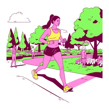 A pink woman is jogging along a paved path in a park. She is wearing a bright yellow sports outfit that includes a fitted tank top and shorts. On her wrist, she has a sleek yellow wearable tech device that displays her heart rate. The park is filled with vibrant green trees and colorful flowers lining the path. In the background, there are a few people walking and enjoying the outdoors. The sun is shining, casting soft shadows on the ground as she maintains a steady pace.