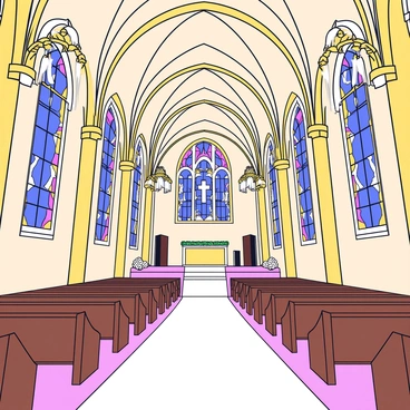 The interior of a classic cathedral features tall, arched ceilings with intricate stonework. The space is adorned with colorful stained glass windows depicting various religious scenes, casting vibrant patterns of light onto the polished stone floor. At the front of the cathedral, there is a beautiful altar decorated with white floral arrangements. Rows of wooden pews are neatly aligned, and a white aisle runner leads from the entrance to the altar, setting the scene for a wedding ceremony. Soft candlelight flickers from ornate chandeliers hanging from the ceiling, enhancing the romantic atmosphere.