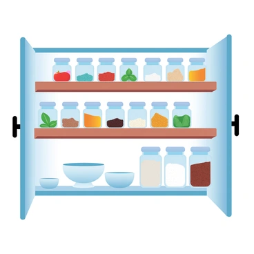 An open pantry showcases neatly arranged jars filled with colorful ingredients and spices. The jars are made of clear glass, allowing the vibrant hues of various spices, herbs, and grains to be seen. Labels on each jar indicate their contents, adding to the organized appearance. Wooden shelves support the jars, which are spaced evenly apart to create a clean and tidy look. Some jars contain bright red paprika, deep green basil, and golden turmeric, while others are filled with rich brown cinnamon and pale white salt. A few small bowls are placed on the counter nearby, ready to hold freshly measured spices.