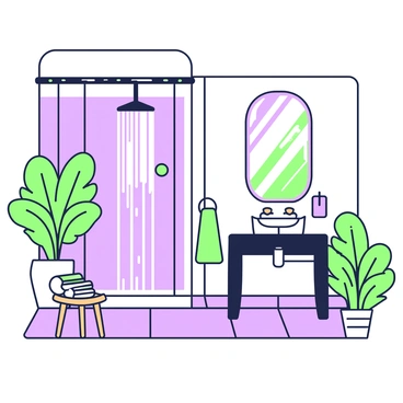 A bathroom features a large, elegant shower area with a waterfall shower head. The shower is surrounded by lush green plants, including ferns and potted palms, creating an inviting atmosphere. The tiles on the floor are sleek and modern. In the corner, a bamboo stool holds neatly rolled towels. A large mirror hangs above a stylish sink, reflecting the vibrant greenery. Sunlight filters through a frosted window, illuminating the space with a soft glow.