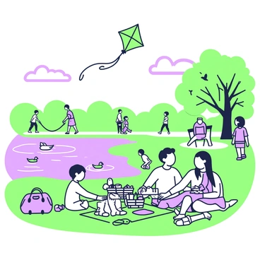 A view of Humboldt Park featuring families enjoying a picnic by the lagoon. In the foreground, a family is spread out on a green picnic blanket, with a wicker basket and colorful containers holding food. Nearby, children are playing with a green kite that is soaring high in the air. A couple of ducks are swimming in the lagoon, creating ripples in the water. In the background, there are trees with leafy branches providing shade, and people are walking along the path, some with dogs on leashes. The sky above is clear with soft, fluffy clouds.