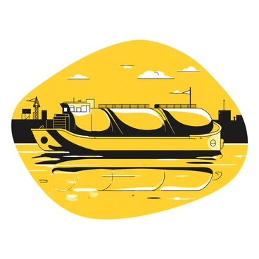A tank barge is floating on calm waters. The barge is illuminated by soft yellow harbor lights, creating a warm glow around it. The surface of the water reflects the yellow light from the barge and the harbor, creating a shimmering effect. In the background, there are silhouettes of structures on the shore, providing context for the harbor setting. The sky is dark, enhancing the brightness of the lights and the reflections on the water.