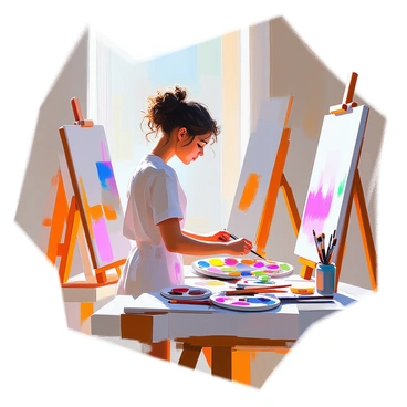 An artist with medium skin, curly hair pulled back, stands in a bright studio filled with various canvases leaning against the walls. She is focused intently as she uses a distinct color mixing formula on a wooden palette. The palette is vibrant, showcasing a range of colors in different sections, with some paint splatters surrounding it. Canvases of various sizes are placed around her, some featuring abstract designs while others display unfinished landscapes. Brushes of different sizes lie scattered on the table beside her. The light from a nearby window illuminates her workspace, casting soft shadows across the surfaces.