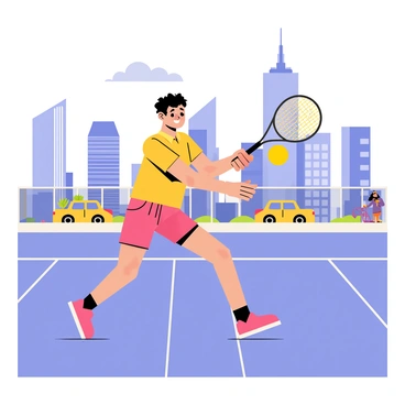 A tennis player in a vibrant sports outfit is positioned mid-swing, preparing to hit a bright yellow tennis ball. The player has a determined expression on their face. The rooftop court has a smooth blue surface, and a white net stretches across the center. In the background, skyscrapers and buildings create a bustling city skyline, with small crowds visible below. A clear blue sky enhances the scene, with a few fluffy clouds drifting by. The city appears lively, with cars and pedestrians, adding a sense of energy to the atmosphere.