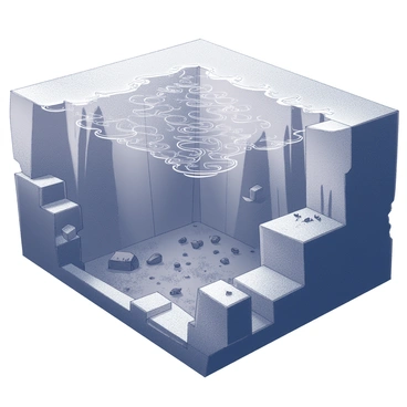 A deep sea trench characterized by steep, towering walls extends into the ocean depths. The trench has jagged, rocky features with sharp edges and irregular formations. The seabed is littered with sediment and debris from the surrounding geological features. Dark water fills the trench, creating an atmosphere of depth and mystery. Above the trench, ocean currents can be illustrated with swirling patterns, showcasing the movement of water in the area. Small marine life can be seen navigating around the rocky formations, adding a sense of scale and ecosystem to the scene.