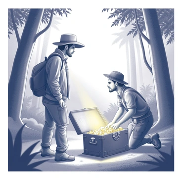 An explorer stands in a dense jungle, surrounded by towering trees and thick underbrush. The figure is clad in rugged outdoor gear, with a wide-brimmed hat and a backpack slung over one shoulder. He gazes enviously at a rival, who is kneeling beside a shiny chest filled with ancient treasures. The rival's face is illuminated by a soft glint from the gold and jewels inside the chest. Sunlight filters through the foliage above, casting intricate shadows on the forest floor. The explorer’s expression conveys a mix of admiration and jealousy as he watches this moment of discovery unfold.