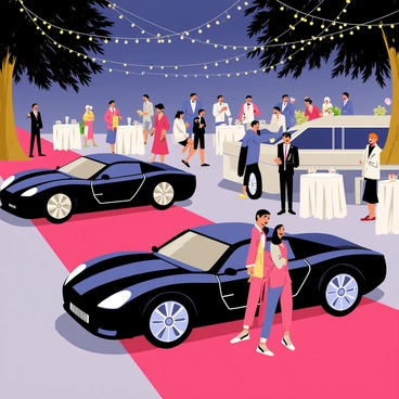 A luxurious evening gala event taking place outdoors. Elegant cars, including a sleek black sports car and a shiny silver limousine, are displayed prominently on a polished red carpet. Twinkling fairy lights are strung above, illuminating the scene with a warm glow. Guests in formal attire mingle around the cars, with some admiring the vehicles. Tables adorned with white tablecloths and lavish centerpieces are set up nearby, creating an atmosphere of sophistication and celebration.