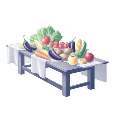 A wooden table displays an array of seasonal fruits and vegetables. On one side, there are bright green leafy vegetables, vivid orange carrots, and deep purple eggplants representing spring. In the center, luscious red strawberries and plump tomatoes are arranged alongside earthy brown potatoes and corn on the cob, symbolizing summer. The opposite side showcases golden squash, rich green zucchini, and dark red apples, representing autumn. Delicate white linens are draped across the table, and soft natural light highlights the fresh produce, creating a vibrant and bountiful atmosphere.