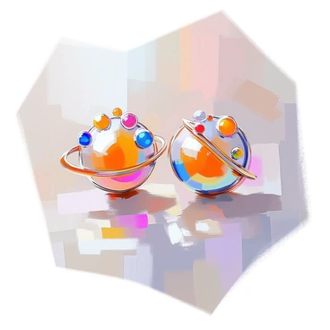 A pair of ear cuffs featuring intricate designs inspired by planets and stars. Each ear cuff is adorned with small, detailed representations of celestial bodies, including a shimmering golden sun, silver crescent moons, and various sparkling planets with colorful finishes. The ear cuffs catch the light beautifully, creating a radiant effect as they gleam and shine. The background is softly blurred to emphasize the elegance of the ear cuffs and their celestial theme.