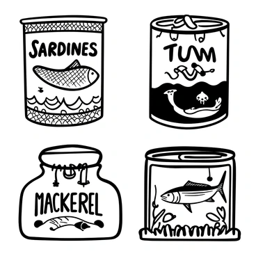 A collection of labels featuring different kinds of tinned fish, each with distinct designs and motifs. The first label showcases "Sardines" with an ornate border, intricate fish scales pattern, and a vintage fishing net background. The second label features "Tuna" with bold, stylized waves and a large depiction of a tuna fish in dynamic motion. The third label displays "Mackerel" with a nautical theme, including anchors and ropes, alongside a prominent illustration of a mackerel fish. The final label presents "Anchovies", adorned with delicate floral elements and a small, detailed image of anchovies swimming. Each label has its name prominently featured in decorative typography.