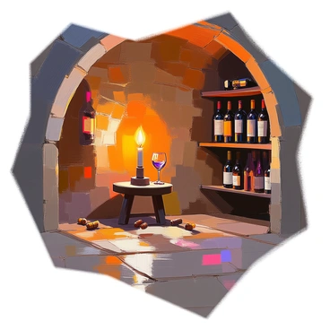 A dimly lit corner of a wine cellar with dark stone walls and a weathered wooden floor. Shelves filled with dusty wine bottles line the walls, some with faded labels. A single flickering candle rests on a small wooden table, casting a warm, soft glow that barely reaches the far corners of the cellar. Shadows dance across the bottles and floor, creating an atmosphere of mystery and intrigue. A few scattered corks and a half-filled glass sit on the table next to the candle.