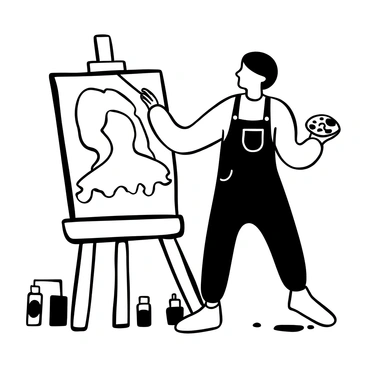 An artist standing in front of a large canvas, holding a paintbrush in one hand and a palette in the other. The canvas displays an unfinished self-portrait with bold and swirling shapes suggesting fervent colors. Various paint tubes are scattered around the artist, and splatters of paint can be seen on the floor and the artist's apron. The artist is dressed in casual attire and has a focused posture as they work on the painting.