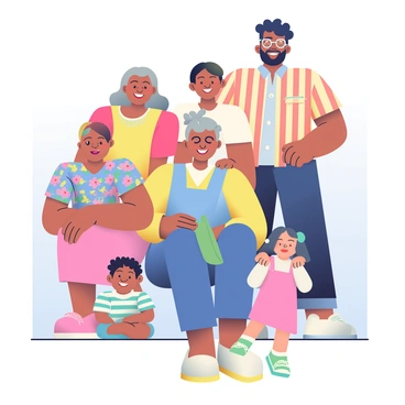 A family portrait depicts three generations of diverse family members smiling together. In the center, an elderly woman with gray hair styled in a bun is seated, wearing a floral dress. Beside her, a middle-aged man with a beard and glasses is standing, dressed in a button-up shirt and jeans. Next to him is a middle-aged woman with curly hair wearing a bright blouse and slacks. They are surrounded by younger adults, including a young woman with long hair in a casual t-shirt, and a young man with short hair in a plaid shirt. At their feet, two children, a boy with curly hair in a striped shirt and a girl with straight hair wearing a pink dress, are smiling brightly. The background is softly blurred, putting emphasis on the joyful expressions of the family members.