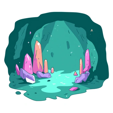 A teal alien cave filled with luminescent crystals radiating a soft glow. The crystals are various shapes and sizes, casting light on the surrounding surfaces. Colorful stalagmites rise from the cave floor, showcasing shades of pink, orange, and purple. The texture of the cave walls is rough and uneven, dotted with small, sparkling minerals that reflect the light from the crystals. In the background, shadows dance across the cave, enhancing the vibrant colors of the stalagmites and the brilliance of the crystals.
