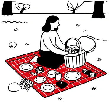 A girl with long hair is kneeling on a red checkered blanket, arranging an assortment of snacks laid out around her. A picnic basket is open beside her, filled with various food items such as sandwiches and fruits. There are scattered plates and cups around her, and a serene park setting with trees in the background. A small bouquet of wildflowers is placed at one corner of the blanket.
