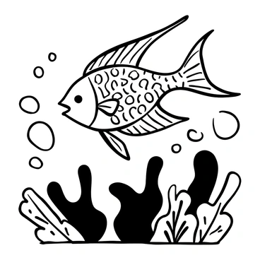 A tropical fish with intricate patterns on its body, swimming among stylized coral structures. The fish has a prominent dorsal fin and flowing tail, showcasing detailed scales. Surrounding the fish are abstract shapes representing bubbles and aquatic plants, adding to the dynamic composition.