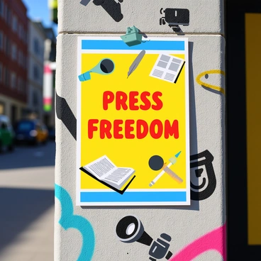 A vibrant poster advocating for "press freedom" is affixed to a rough-textured city wall. The poster features bold, bright colors, with eye-catching graphics that include an open newspaper and a quill pen. Surrounding the central message, there are images of microphones and cameras, symbolizing the various forms of media. The wall itself is covered in graffiti and urban art, adding to the lively atmosphere of the scene. The sunlight casts shadows on the poster, highlighting its importance amidst the bustling city environment.