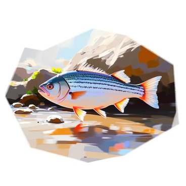 A vibrant striped bass swimming gracefully through the clear, shallow waters near a rocky shoreline. The fish displays distinct dark horizontal stripes against its silvery body. The sunlight filters through the water, creating shimmering reflections on the sandy bottom. Small pebbles and patches of aquatic plants are scattered along the shoreline, and the rocks are encrusted with green moss and barnacles. The scene captures the lively movement of the fish as it navigates its natural habitat.