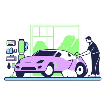 A luxury car is positioned on a platform at a high-end wash service. The car is sleek with shiny surfaces that reflect light. A detailer, wearing a black uniform, is carefully applying a foam wash to the car's exterior with an applicator pad. Beside him, there are various detailing tools arranged neatly, including brushes and microfiber cloths. In the background, there is a large window revealing an outdoor area with manicured landscaping. The setting is bright, emphasizing the polished surfaces of the car and the professionalism of the detailing service.