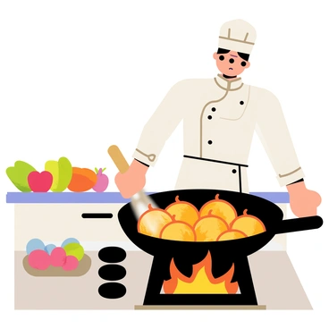 A chef wearing a white hat and apron stands over a sizzling hot pan. The pan is black with a shiny surface and emits steam. The chef is frying several golden-brown slices of "moo deng," which is a crispy and flavorful barbecued pork. The slices are perfectly arranged in the pan, with some edges curling slightly as they cook. The background shows a colorful array of vegetables and spices on the counter, ready for use, while the chef focuses intently on the frying process.