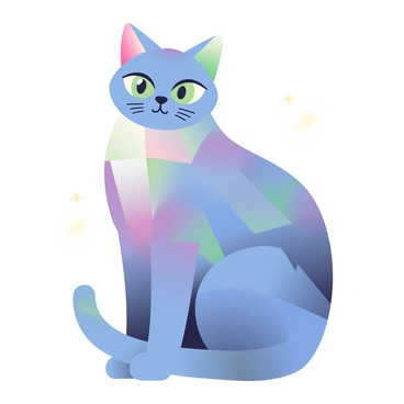 A cat with blue and purple fur is sitting gracefully. Its body has facets that resemble a crystal structure, reflecting light in various colors. The cat's green eyes are sharp and attentive, accentuated by a delicate geometric pattern on its face. The ears are pointed and slightly translucent, enhancing the crystalline effect. The background features soft gradients that complement the colors of the cat's fur, creating a harmonious visual contrast.