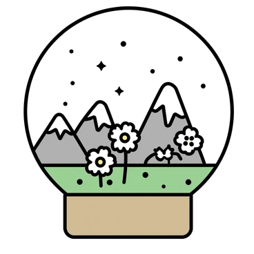 A clear snow globe sitting on a wooden base. Inside the globe, a miniature scene features delicate "edelweiss flowers" with star-shaped white petals scattered across green grass. In the background, there are "majestic mountains" with snow-capped peaks, demonstrating various shades of gray and white. Tiny flakes of "snow" float inside the globe, creating a whimsical effect as they drift down onto the flowers and mountains.