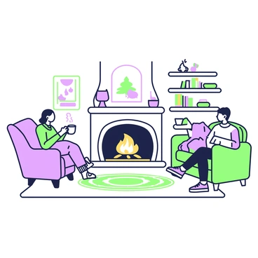 A living room is designed with a cozy ambiance, featuring a large fireplace with a gently flickering flame at its center. To the left, there is a comfy sofa covered with soft cushions, inviting relaxation. On the sofa, two family members are engaged in a cheerful conversation, their expressions animated and happy. A third family member is seated in an armchair nearby, holding a steaming cup of tea, looking at the others. In the background, a patterned rug is sprawled across the floor, and shelves are lined with books and decorative items, adding to the warmth of the space.