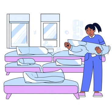 An ATSEM stands in a bright classroom with wooden floors. She is gently arranging several cots with a light blue color, neatly lined up against the wall. Each cot has a matching cozy blanket folded at the foot. The ATSEM has dark hair pulled back in a ponytail and is wearing a simple, comfortable uniform. Soft sunlight filters through large windows, casting gentle shadows across the room.