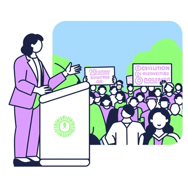 A speaker is standing at a podium, passionately addressing a large crowd gathered in an open-air space. The podium is adorned with a decorative emblem. The speaker has medium-length hair and is wearing a fitted blazer and trousers. Their hands are animated as they gesture towards the audience, emphasizing their points. The crowd consists of diverse individuals, some are holding up signs with messages, while others are intently listening. Behind the speaker, a clear blue sky stretches overhead, and trees are visible at the edges of the gathering space.