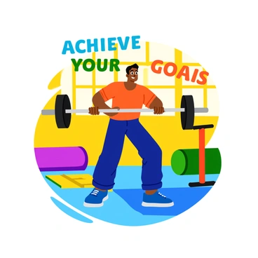 A fit individual with an athletic build is performing barbell rows in a bright and energetic gym setting. The person has a focused expression, showcasing determination as they lift the barbell towards their torso. The background features colorful gym equipment, such as weights and exercise mats, enhancing the active atmosphere. Above the individual, the phrase "Achieve Your Goals" is prominently displayed in bold, uplifting lettering. Sunlight streams through large windows, illuminating the scene and adding a sense of vitality.