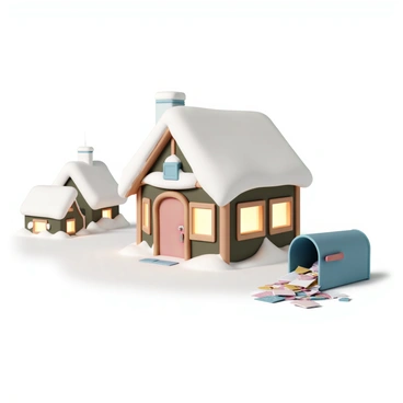 A quaint post office building, covered in fresh white snow, with wooden beams and a red door. Surrounding the post office, small snow-covered cottages create a cozy village atmosphere. In front of the post office, a large blue mailbox is overflowing with colorful holiday letters, some spilling out onto the snow. Soft, warm lights glow from the windows of the post office, illuminating the snowy scene and casting gentle reflections on the snowy ground.