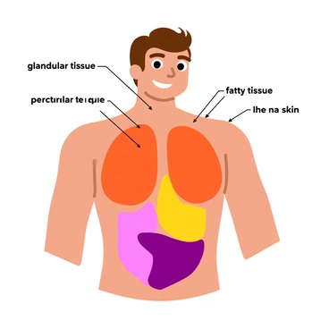 An educational diagram illustrating the anatomy related to "gynecomastia." The diagram features a male figure with labeled sections highlighting the chest area, including the breasts, pectoral muscles, and surrounding tissues. Clear anatomical labels indicate the "glandular tissue," "fatty tissue," and "skin." The diagram uses a simple color palette to differentiate between the various structures, with arrows pointing to each labeled section for clarity. The background is plain to enhance focus on the anatomical features being referenced.