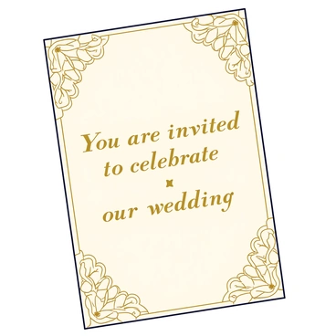 An elegant wedding invitation featuring intricate lace patterns along the edges. The background of the invitation is a soft cream color that highlights the details. In the center, there is prominent gold lettering stating "You are invited to celebrate our wedding." The overall design exudes a sophisticated and refined aesthetic.