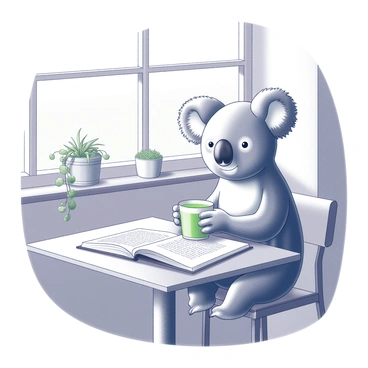 A koala is sitting at a small table in a café. The koala is holding a cup with a green beverage, resembling eucalyptus tea, and has a book open on the table in front of it. The café has a cozy atmosphere, with natural light streaming through large windows. There are potted plants on the windowsill and a few chairs around the table. The koala is focused on reading, with its ears perked up and a relaxed posture.
