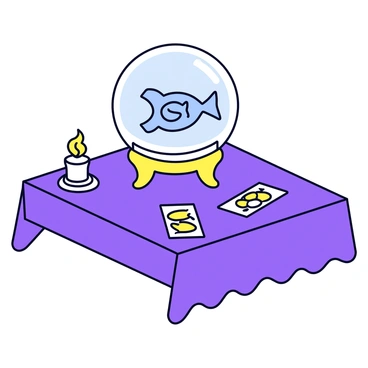 A fortune teller's table covered with a dark purple cloth. On the table, there is a large crystal ball resting on an ornate golden stand. Inside the crystal ball, the "Pisces" symbol is illuminated with a soft, shimmering glow. Surrounding the crystal ball are a few scattered tarot cards with intricate designs. A small burning candle sits at one corner of the table, casting flickering shadows.