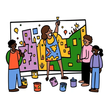 An artist with light skin and shoulder-length brown hair is focused on creating a vibrant mural on a large wall in Chicago's Southside. They are wearing a colorful apron splattered with paint and are holding a paintbrush in one hand while reaching out to add detail to the mural. The background features buildings typical of the Southside, with local community members observing and engaging with the artist. There are splashes of color on the wall from the mural that depict community themes, and several paint cans are scattered around the artist's feet.
